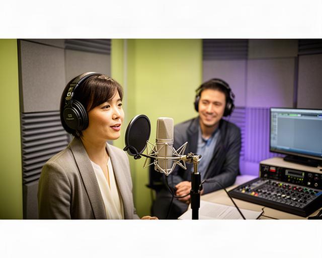 岡山県浅口市の防音収録ブースでマイクに向かうナレーターと音声エンジニア