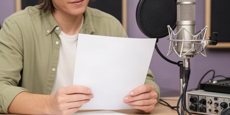 EC商品紹介音声の収録で台本を確認するスタッフとマイク