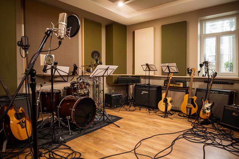 楽器とマイクを配置したバンド録音用のライブルーム