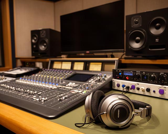 岡山の音声収録スタジオにあるモニターヘッドホンと編集卓